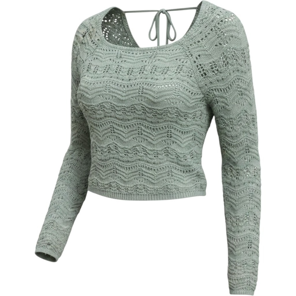 Pink Rose Sage Green Open Knit Crochet Tie Neck Sweater M PS6S28835 Cottagecore